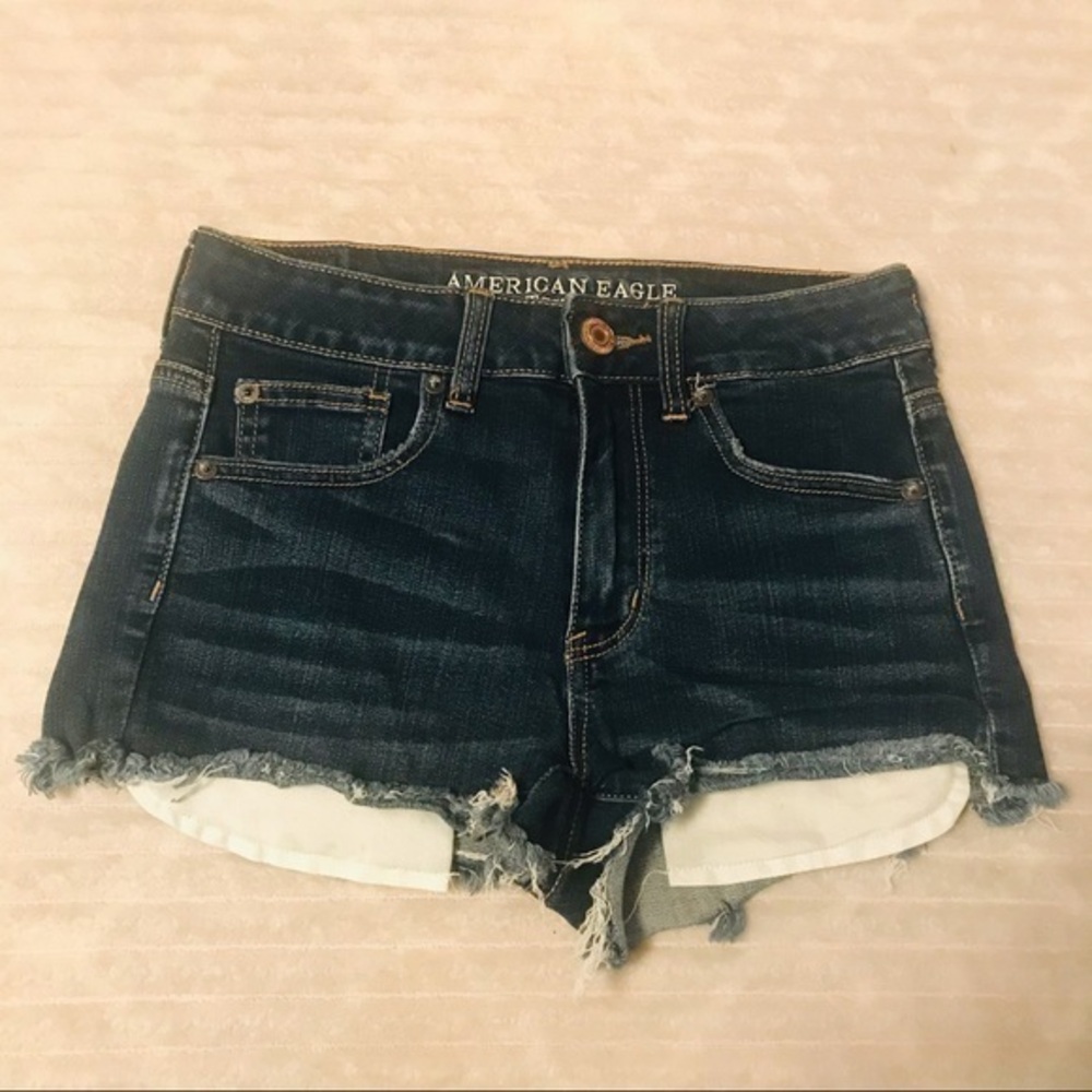 American Eagle Outfitters Hi Rise Shortie Dark Wash Cut Off Jean Shorts Size 4